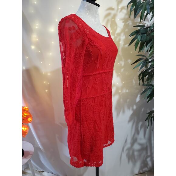 Express Baroque Red Lace 3/4 Sleeve Mini Cocktail Dress Womens Size S Scoop Neck - Picture 5 of 10